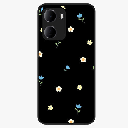 Minimalistic Blue With White Flower Pattern Glass Case showing flat back view with blue background and white flower pattern and glossy glass finish.