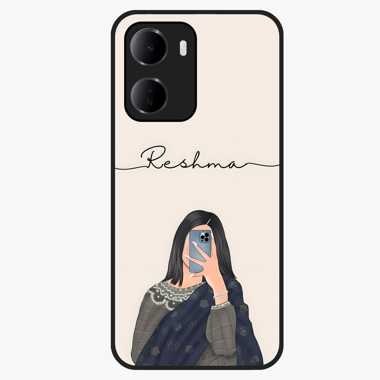 Mirror Mood Muse With Custom Name Glass Case showing flat back view with stylish mirrored artwork and personalized name design.