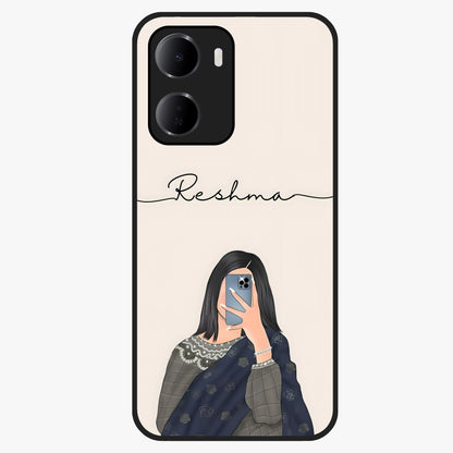 Mirror Mood Muse With Custom Name Glass Case showing flat back view with stylish mirrored artwork and personalized name design.