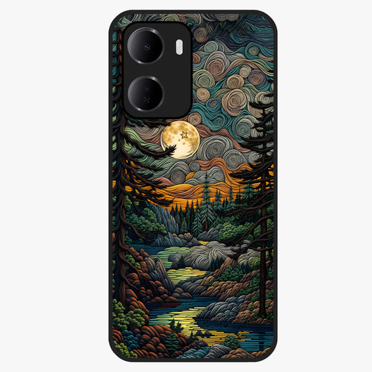 Moonlight Forest Dream Glass Case showing flat back view with mystical forest moonlight artwork and glossy glass finish.
