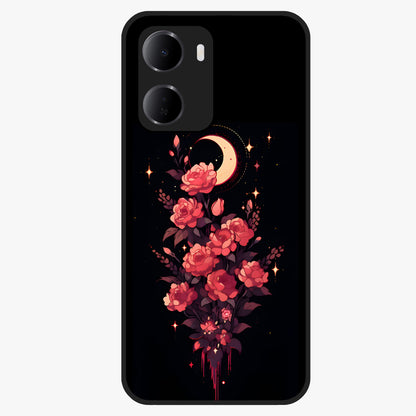 Moonlit Floral Elegance Glass Case showing flat back view with elegant floral artwork under moonlit tones and glossy glass finish.