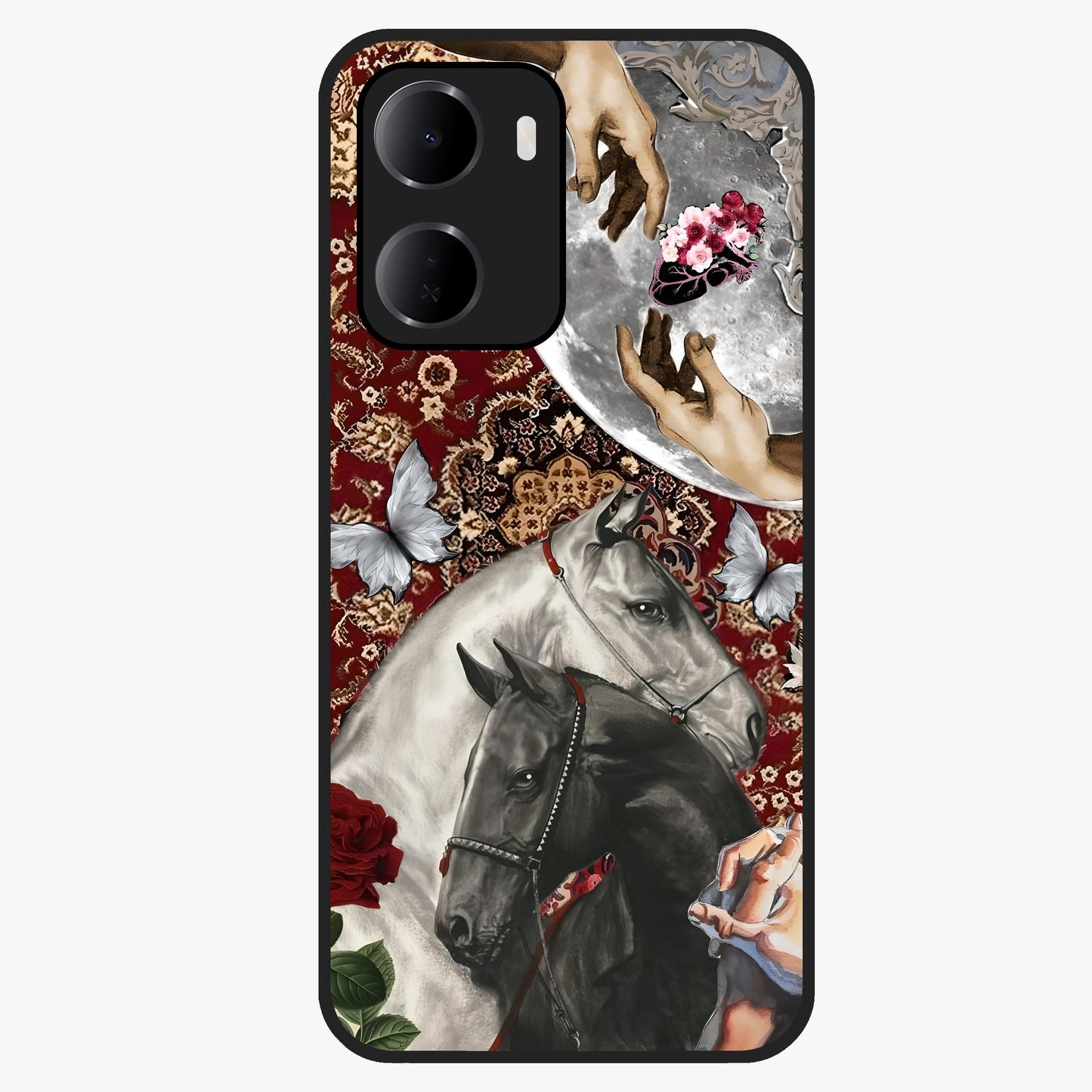 Moonlit Royal Stallion Glass Case showing flat back view with majestic horse under moonlight artwork and glossy glass finish.