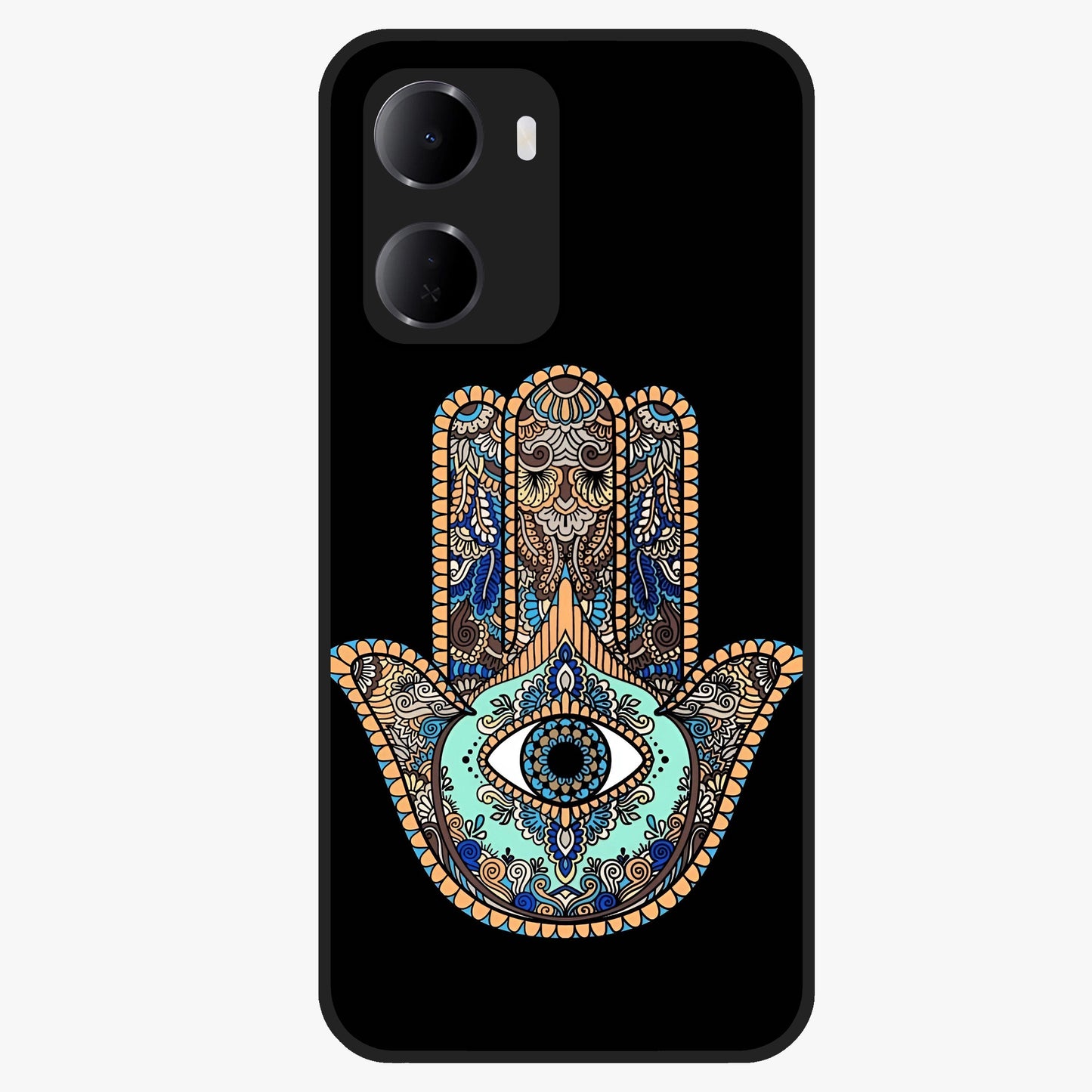 Mystic Hamsa Eye Glass Case showing flat back view with protective hamsa hand and evil eye artwork and glossy glass finish.