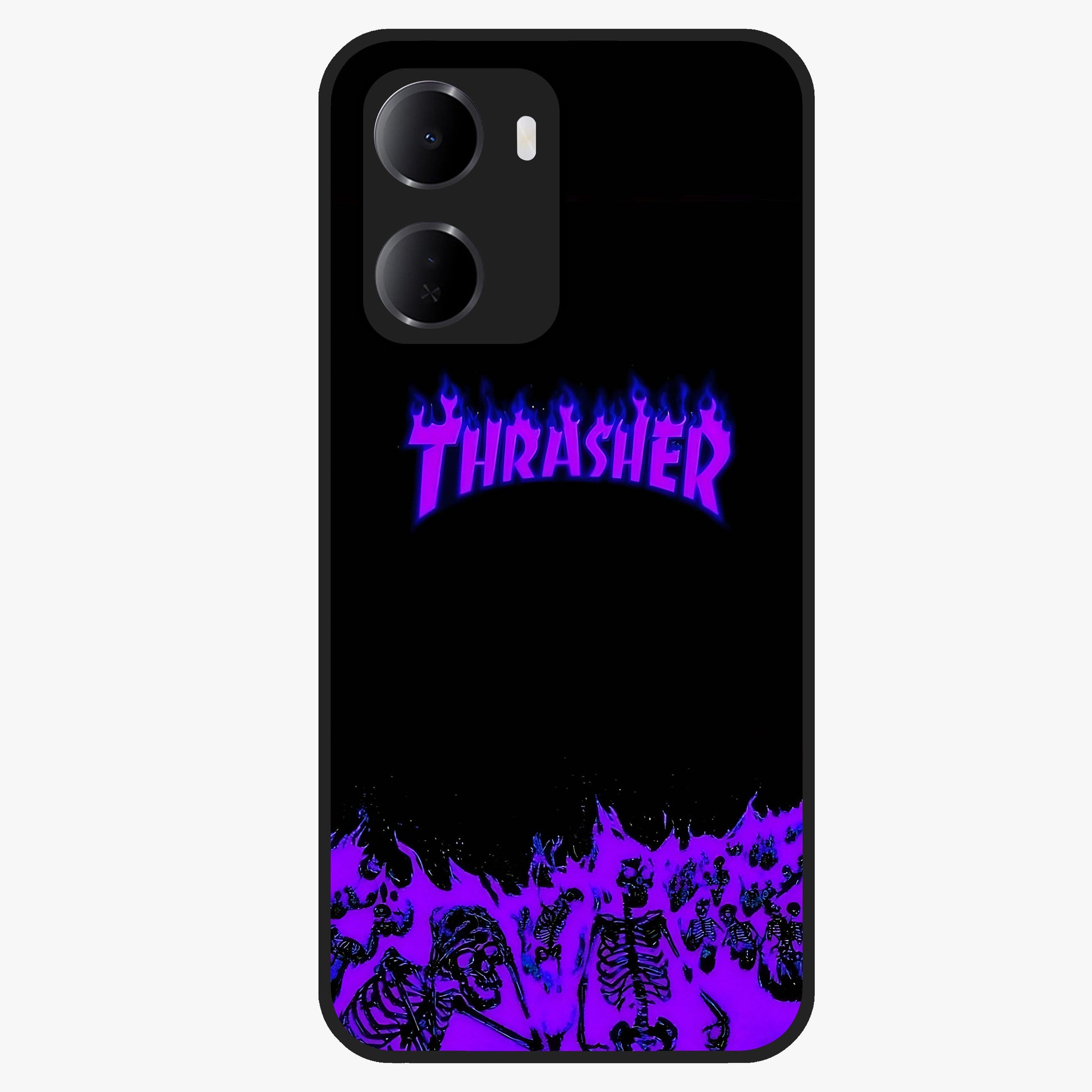 Neon Flame Riot Glass Case showing flat back view with neon flame artwork and glossy glass finish.