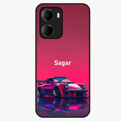 Neon Pink Porsche Glass Case showing flat back view with stylish sports car artwork and glossy glass finish.