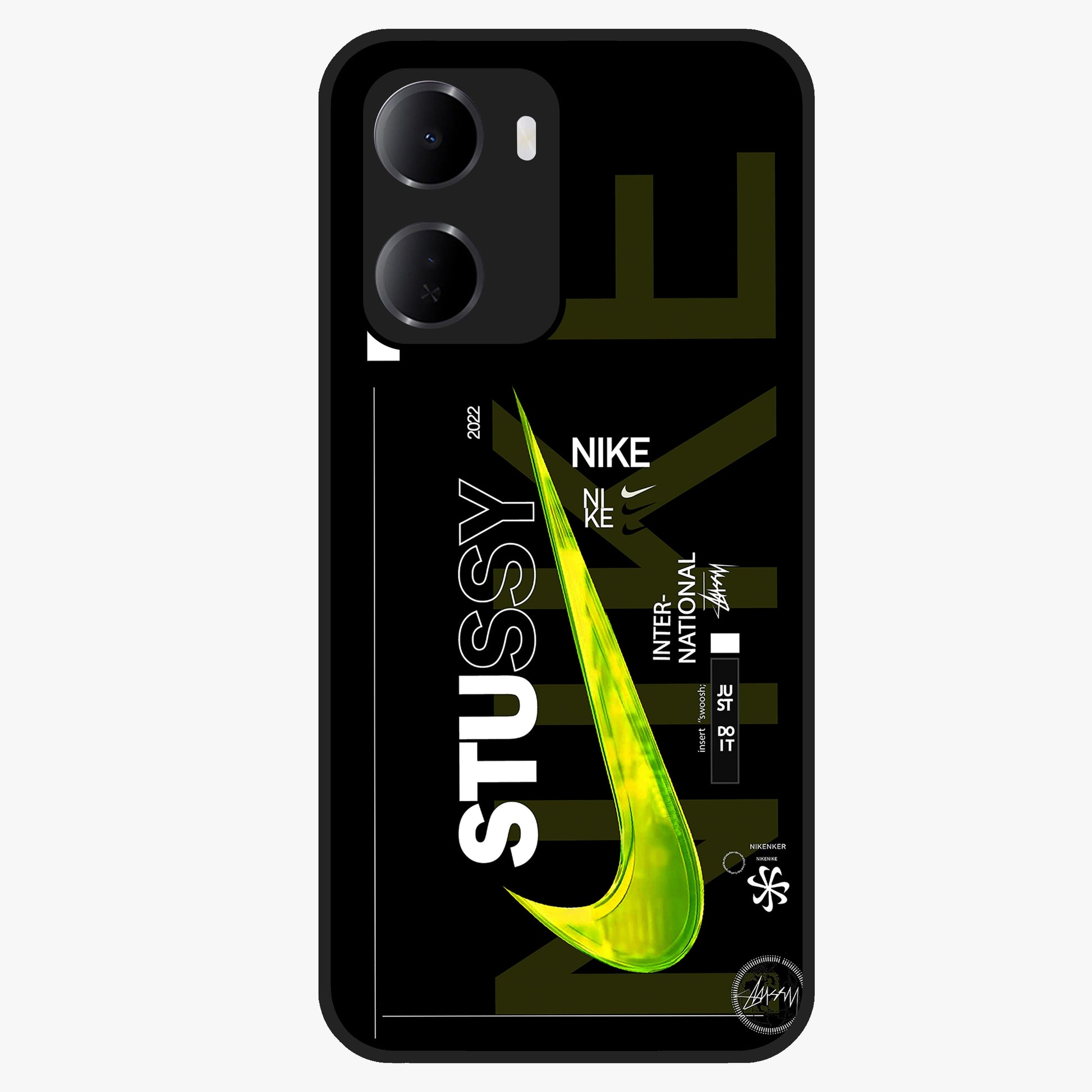 Neon Street Edition Glass Case showing flat back view with neon street style artwork and glossy glass finish.