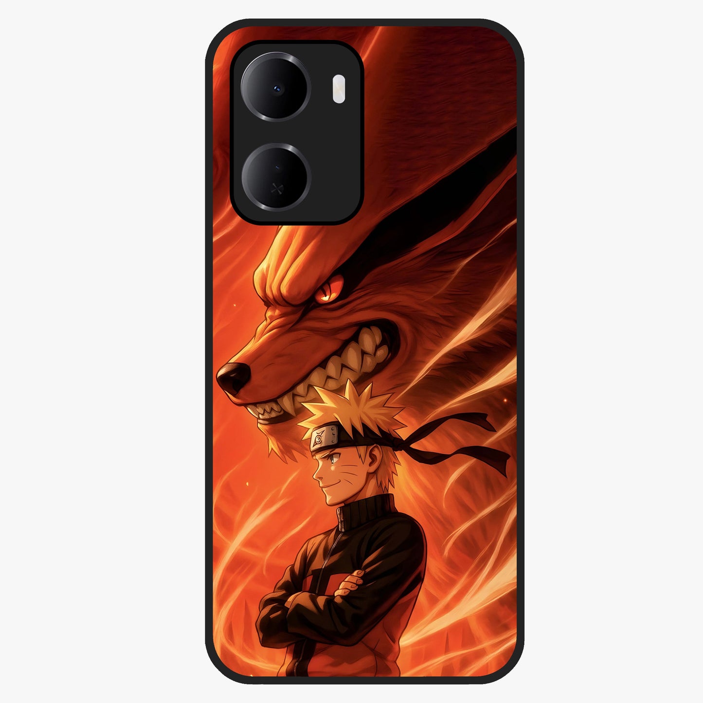 Nine Tails Legacy Glass Case showing flat back view with powerful nine-tailed fox inspired artwork and glossy glass finish.