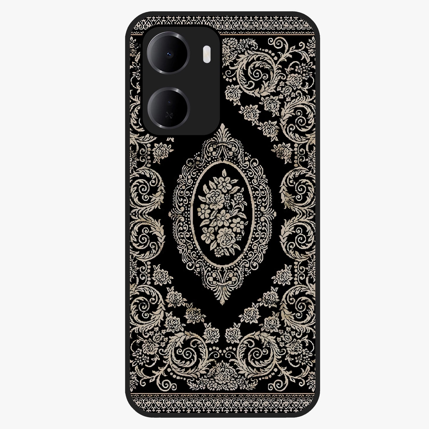 Noir Bloom Elegance Glass Case showing flat back view with elegant dark floral artwork and glossy glass finish.