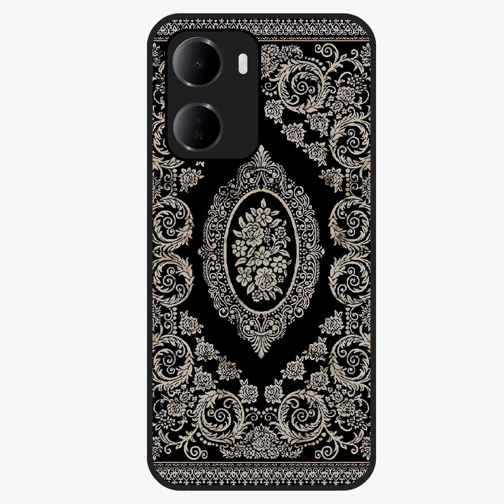 Noir Bloom Elegance Glass Case showing flat back view with elegant dark floral artwork and glossy glass finish.