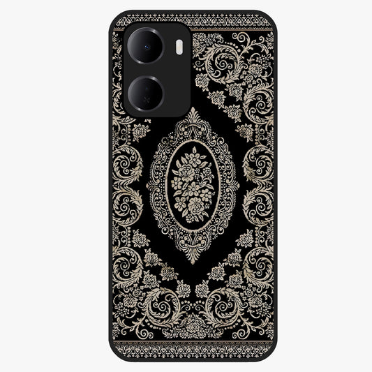 Noir Bloom Elegance Glass Case showing flat back view with elegant dark floral artwork and glossy glass finish.