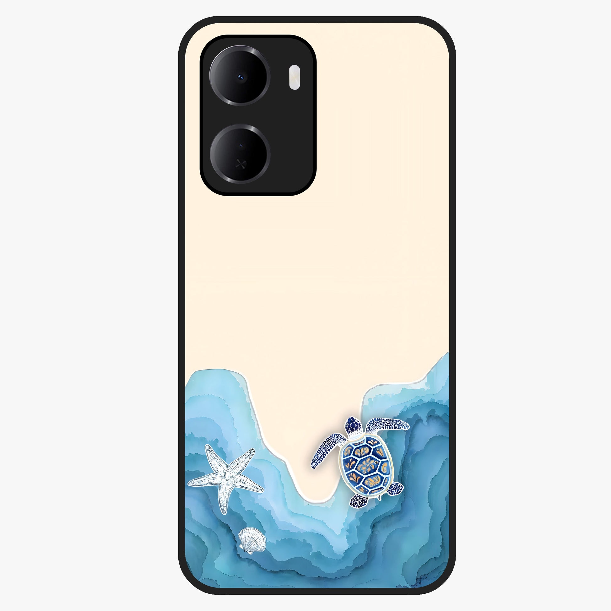 Ocean Drift Turtle Glass Case showing flat back view with sea turtle artwork and glossy glass finish.