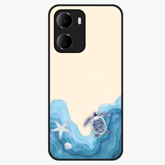 Ocean Drift Turtle Glass Case showing flat back view with sea turtle artwork and glossy glass finish.