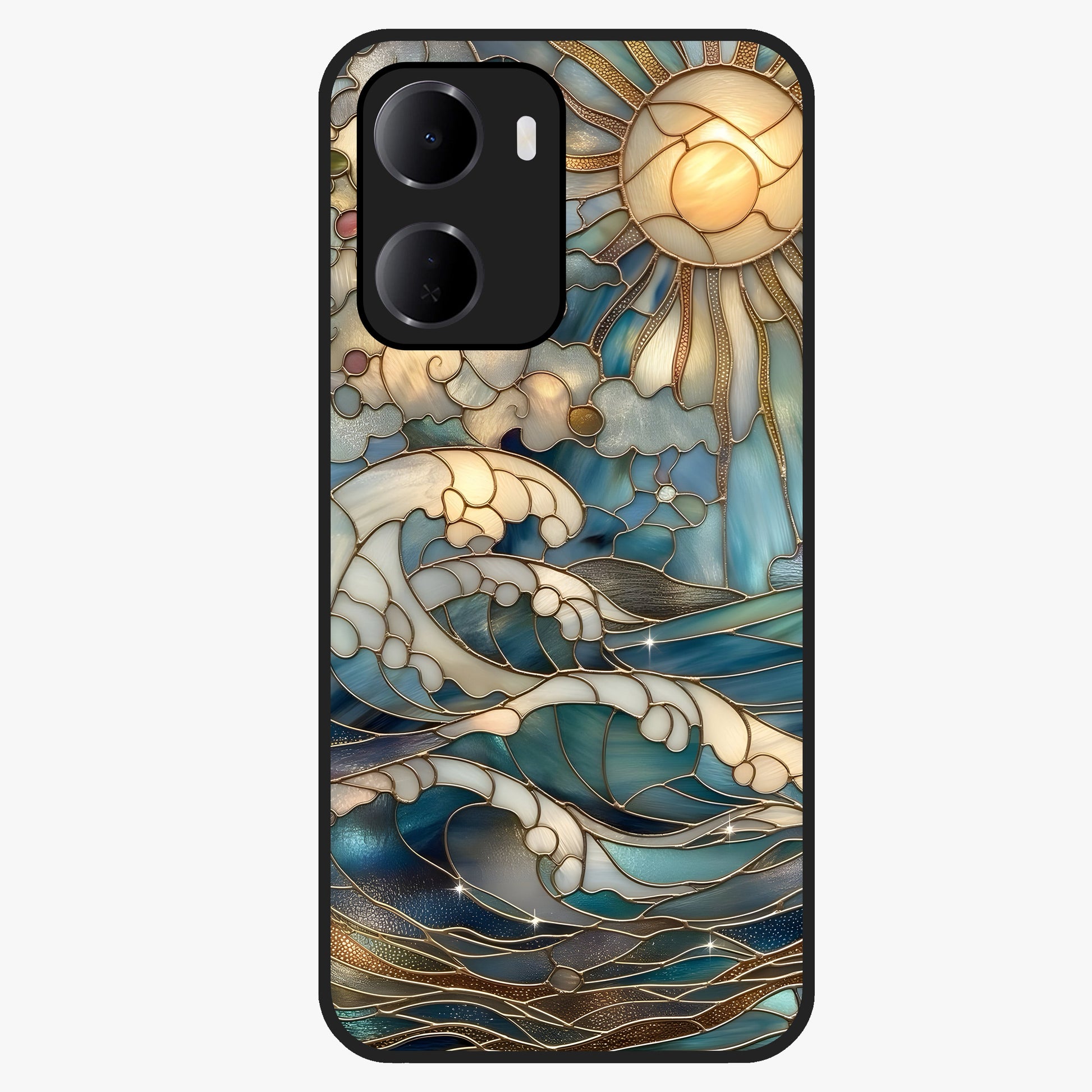 Oceanic Stained Printed Glass Case showing flat back view with ocean inspired stained pattern artwork and glossy glass finish.