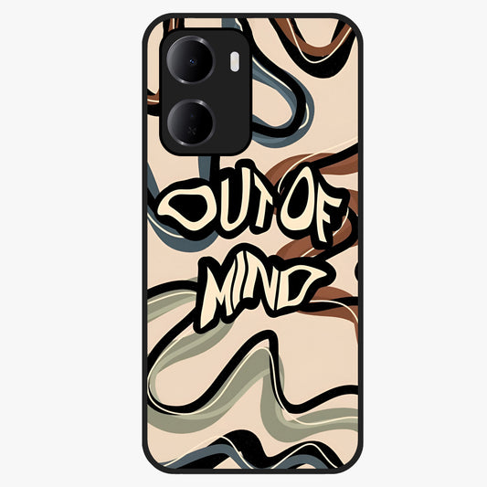 Out Of Mind Glass Case showing flat back view with expressive typography artwork and glossy glass finish.