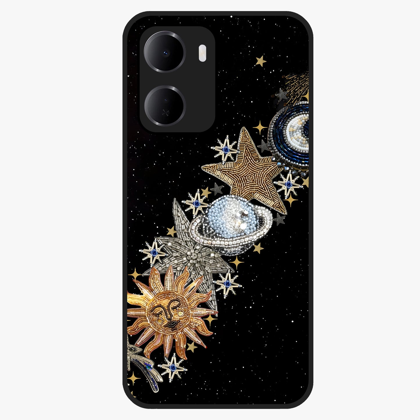 Pearls Universe Object Glass Case showing flat back view with pearl inspired cosmic artwork and glossy glass finish.