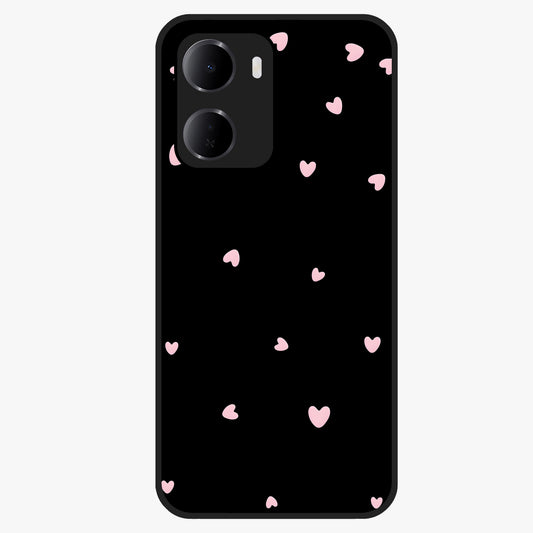 Pink Love Drops Glass Case showing flat back view with playful pink heart drops artwork and glossy glass finish.