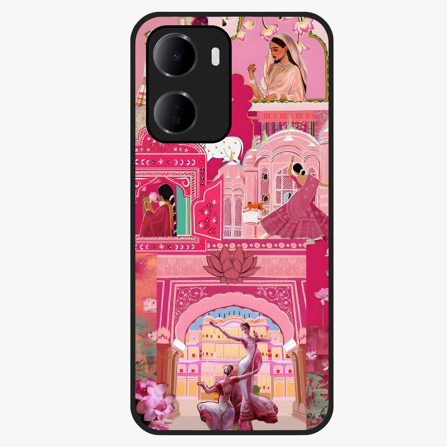 Pink Palace Muse Glass Case showing flat back view with elegant palace inspired artwork and glossy glass finish.
