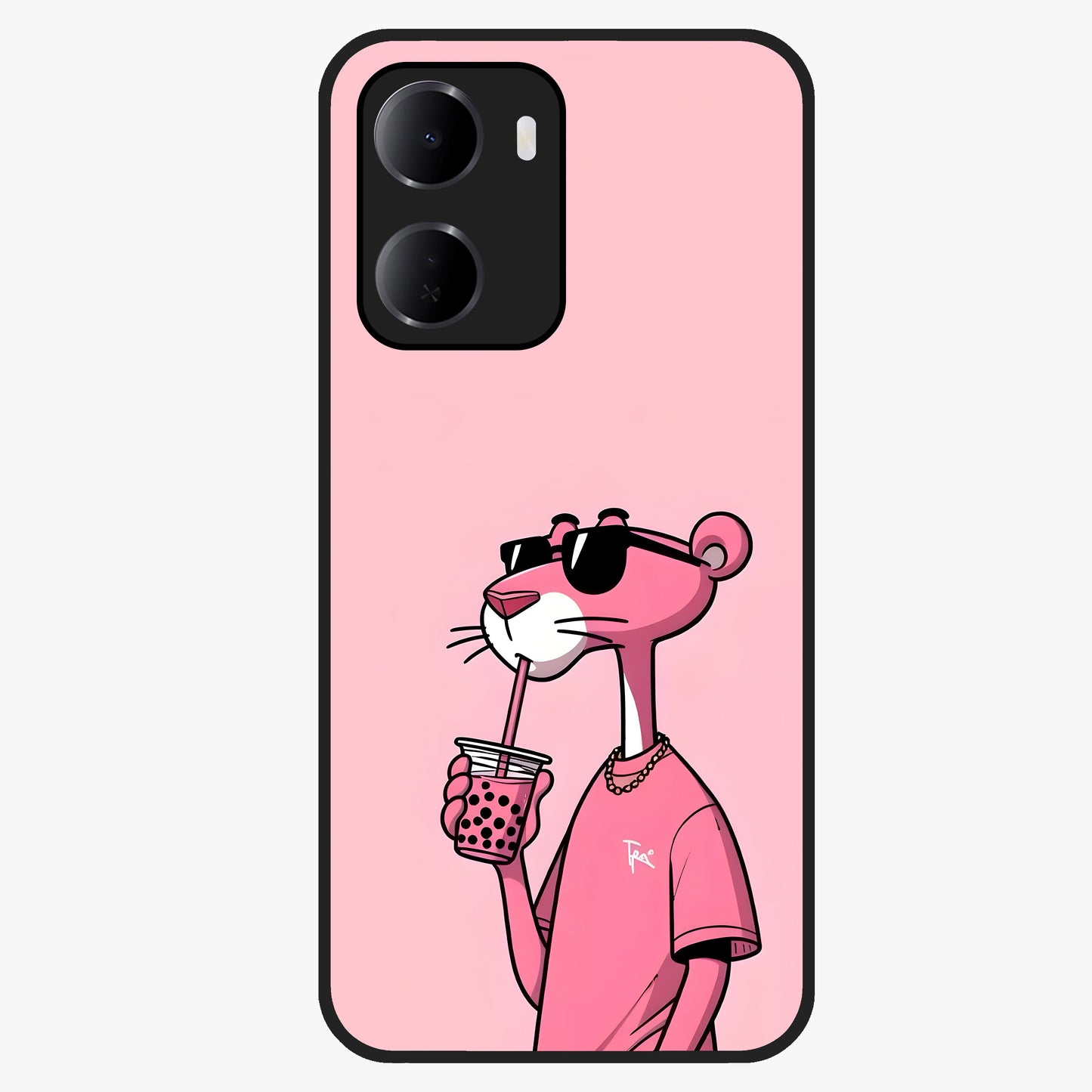 Pink Panther Glass Case showing flat back view with iconic pink panther artwork and glossy glass finish.
