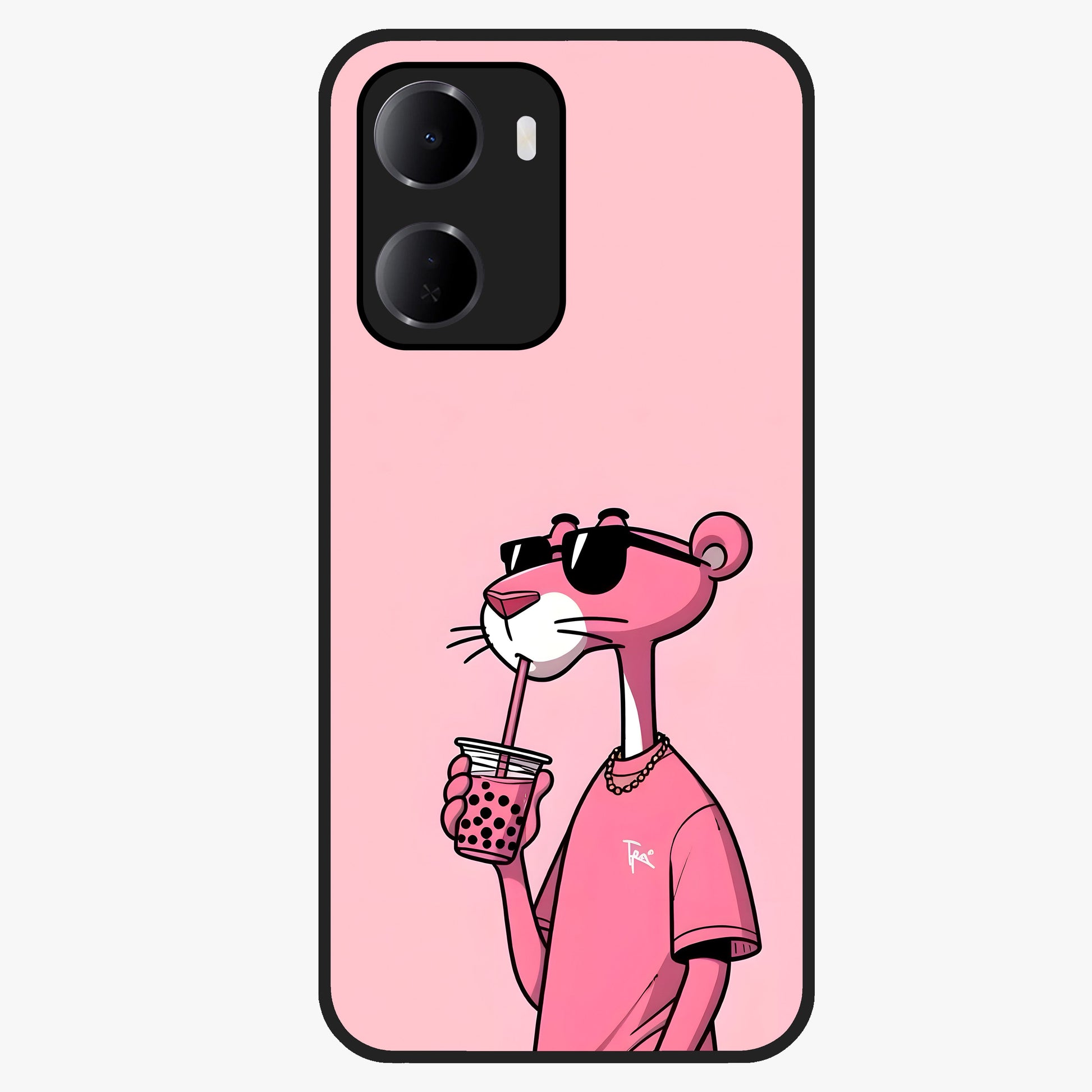 Pink Panther Glass Case showing flat back view with iconic pink panther artwork and glossy glass finish.