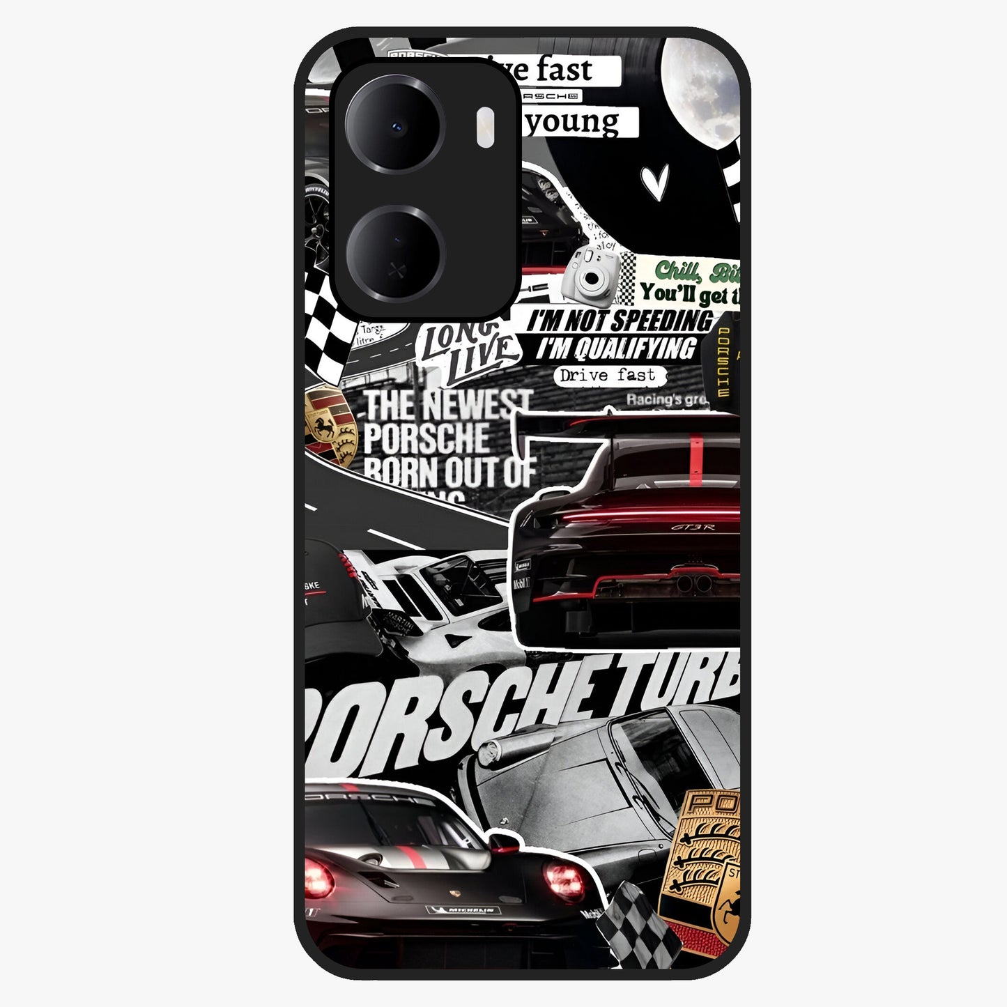 Porsche Racing Collage Glass Case showing flat back view with sports car racing collage artwork and glossy glass finish.
