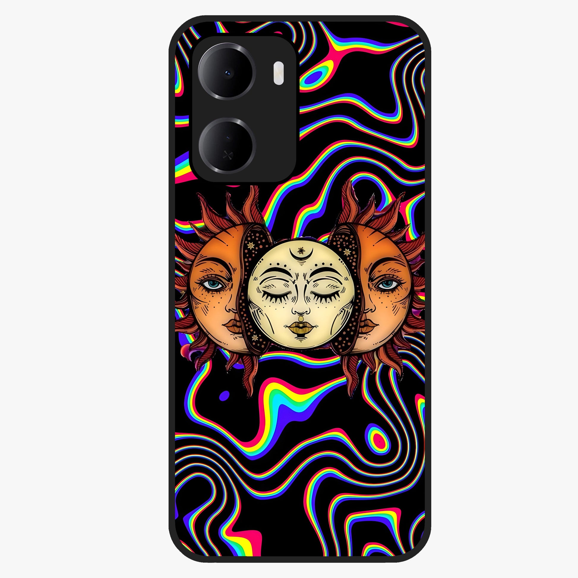 Psychedelic Sun Glass Case showing flat back view with colorful psychedelic sun artwork and glossy glass finish.