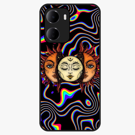 Psychedelic Sun Glass Case showing flat back view with colorful psychedelic sun artwork and glossy glass finish.