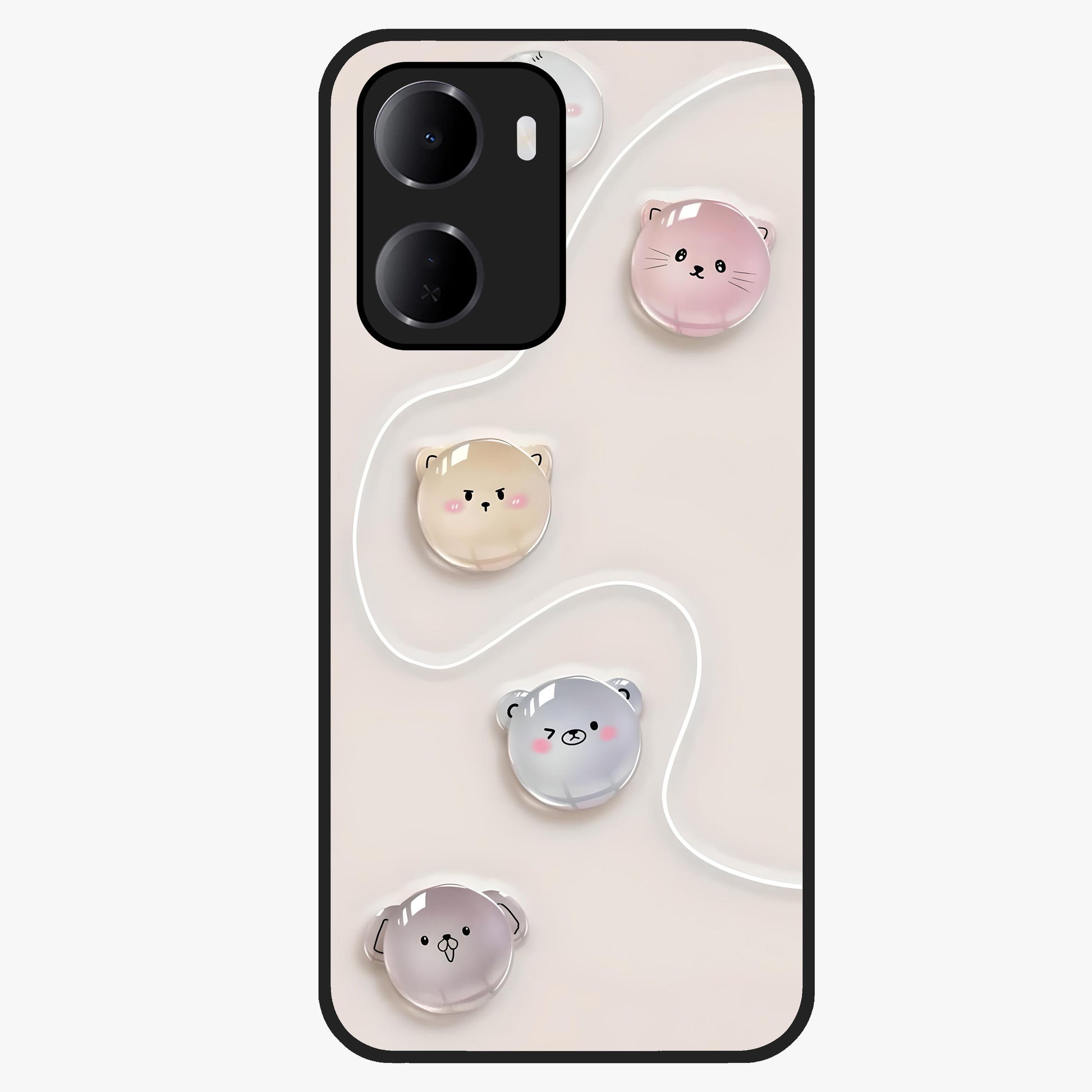 Puffy Face Parade Glass Case showing flat back view with cute puffy character faces artwork and glossy glass finish.