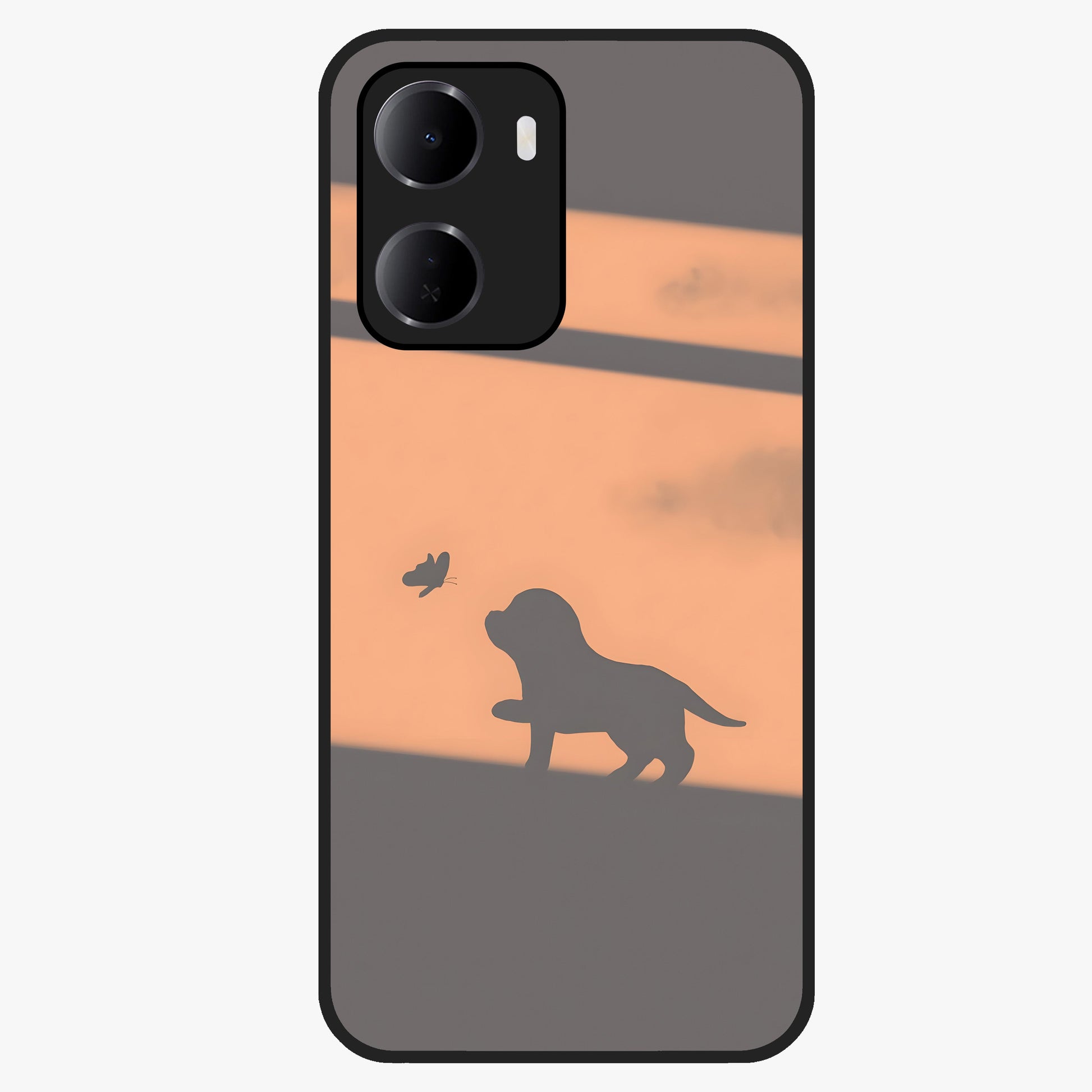 Puppy Shadow Art Glass Case showing flat back view with cute puppy shadow style artwork and glossy glass finish.
