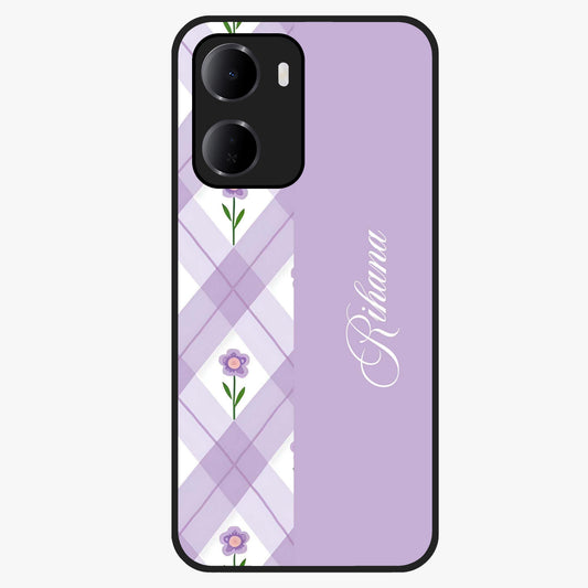 Purple Diamond Floral Glass Case showing flat back view with diamond shaped floral artwork and glossy glass finish.