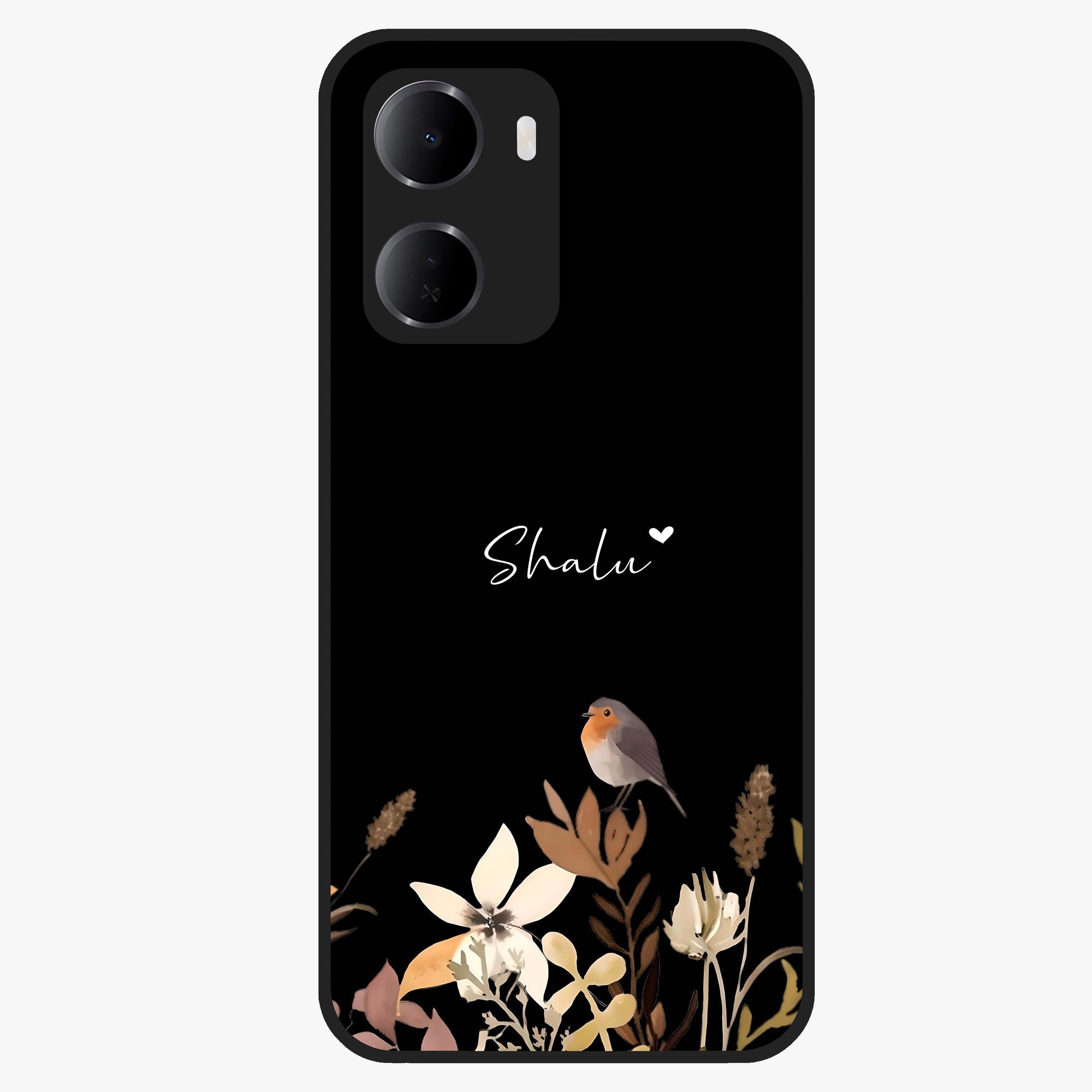 Quiet Garden Tune Custom Name Glass Case showing flat back view with peaceful garden artwork and personalized name design.