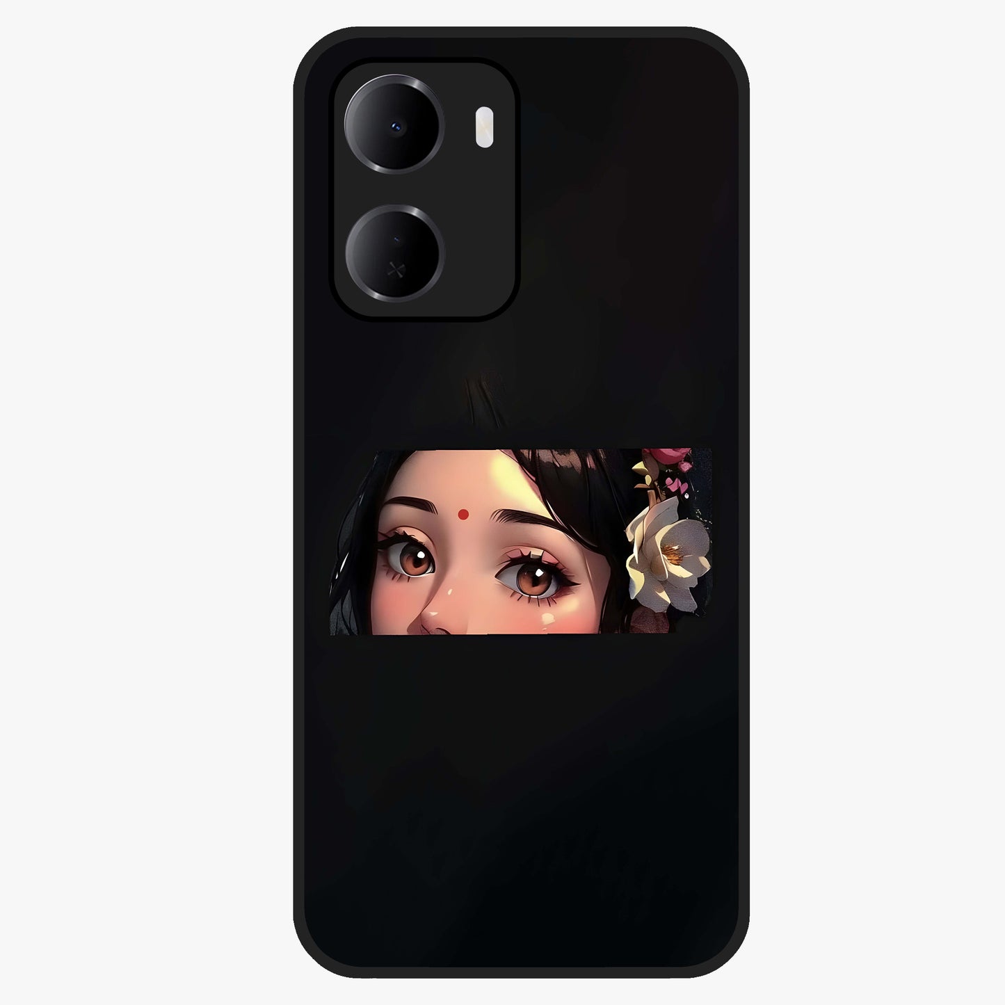 Radha Divine Embrace Glass Case showing flat back view with devotional Radha artwork and glossy glass finish.