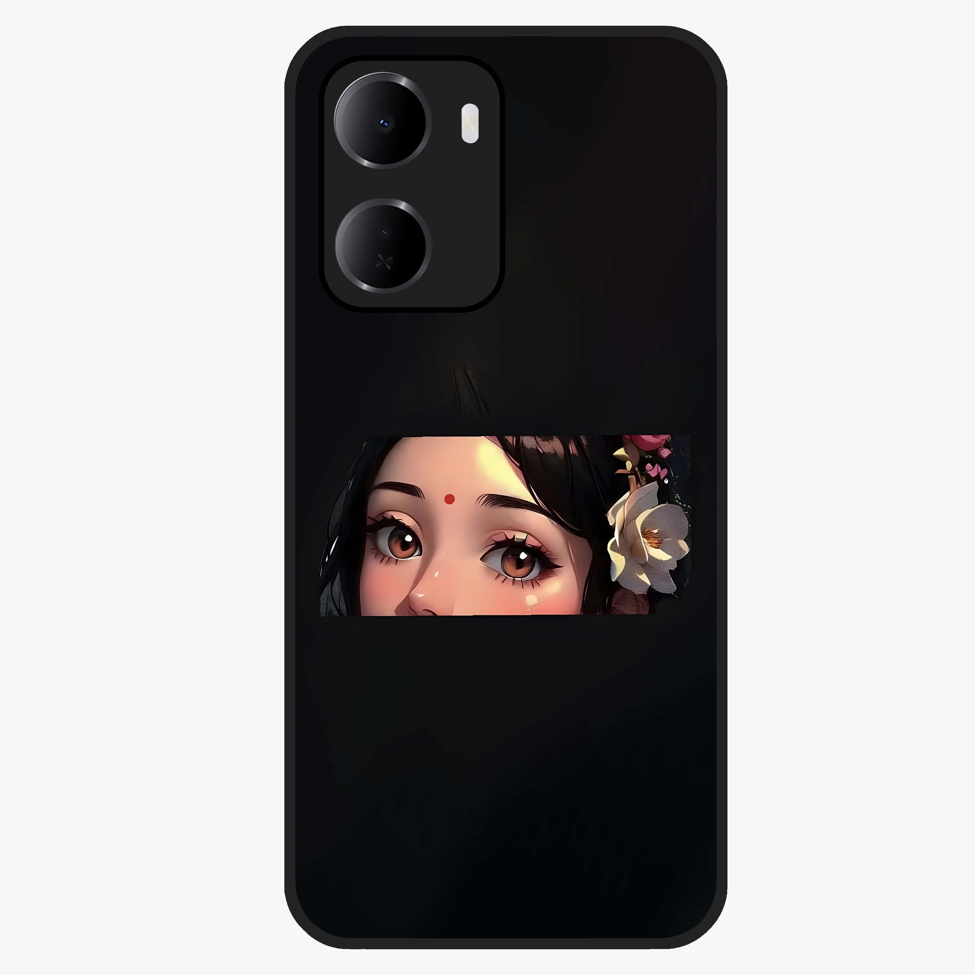 Radha Divine Embrace Glass Case showing flat back view with devotional Radha artwork and glossy glass finish.