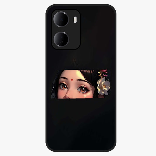 Radha Divine Embrace Glass Case showing flat back view with devotional Radha artwork and glossy glass finish.
