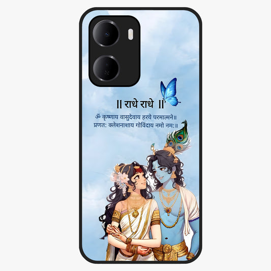 Radha Krishna Eternal Glass Case showing flat back view with Radha Krishna devotional artwork and glossy glass finish.