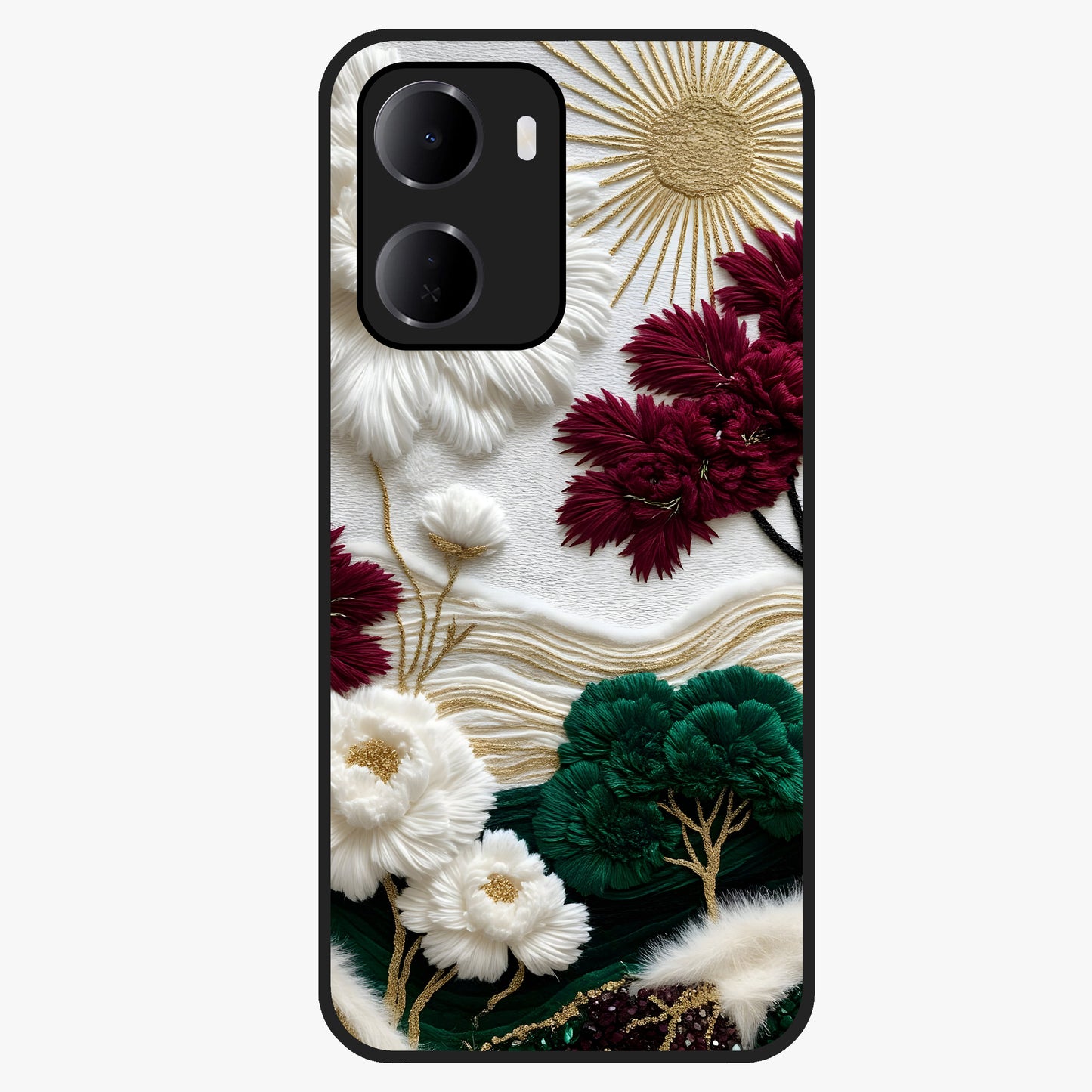 Radiant Bloom Elegance Glass Case showing flat back view with elegant blooming flower artwork and glossy glass finish.