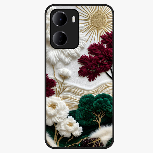 Radiant Bloom Elegance Glass Case showing flat back view with elegant blooming flower artwork and glossy glass finish.