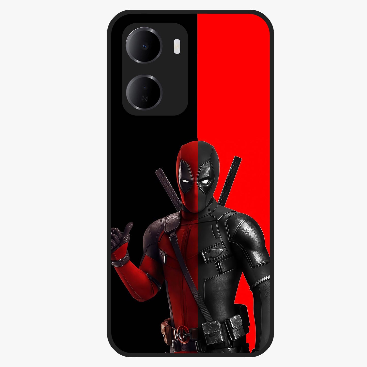 Red & Black Deadpool Theme Glass Case showing flat back view with bold comic inspired artwork and glossy glass finish.