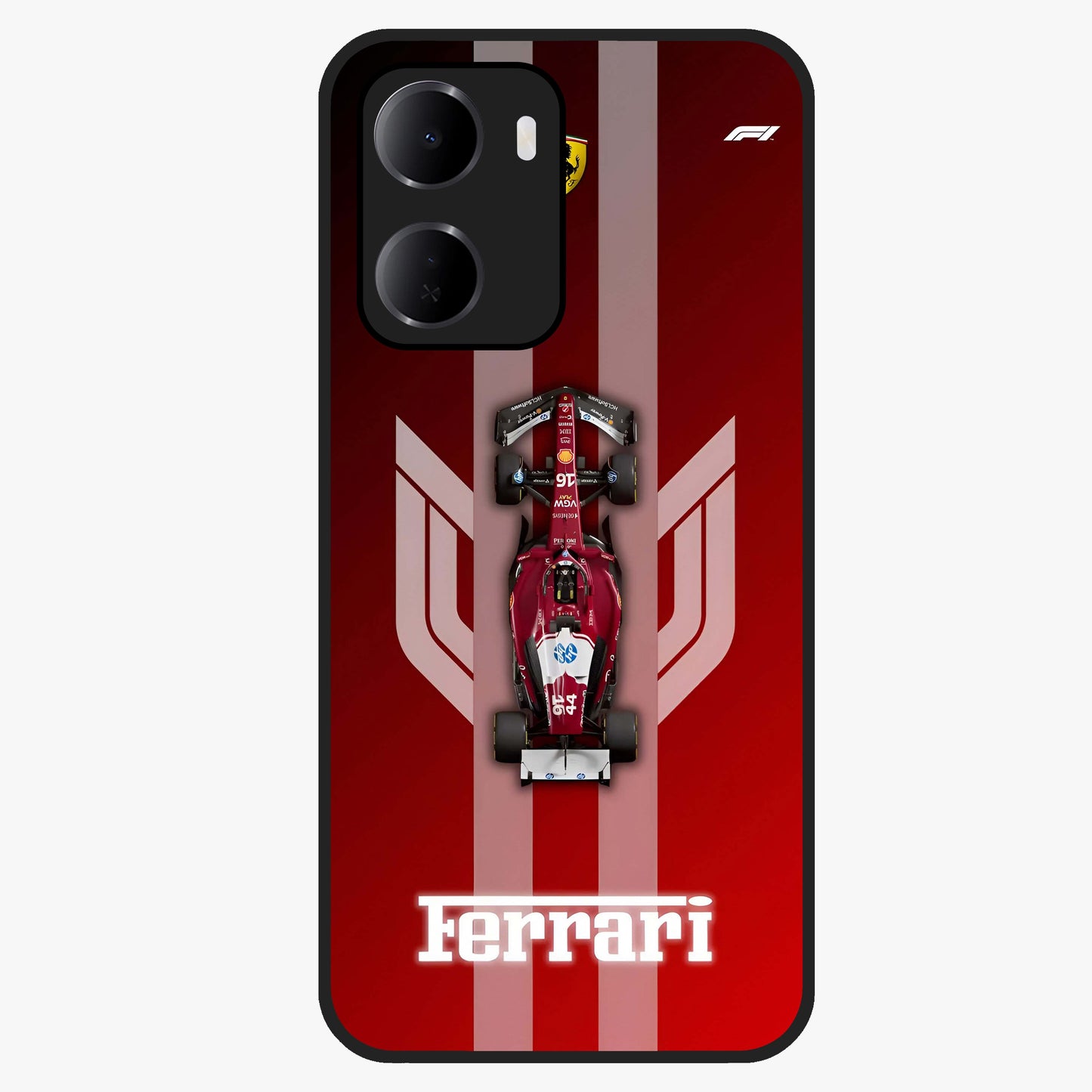 Red Ferrari F1 Vertical Glass Case showing flat back view with sleek Formula racing car artwork and glossy glass finish.