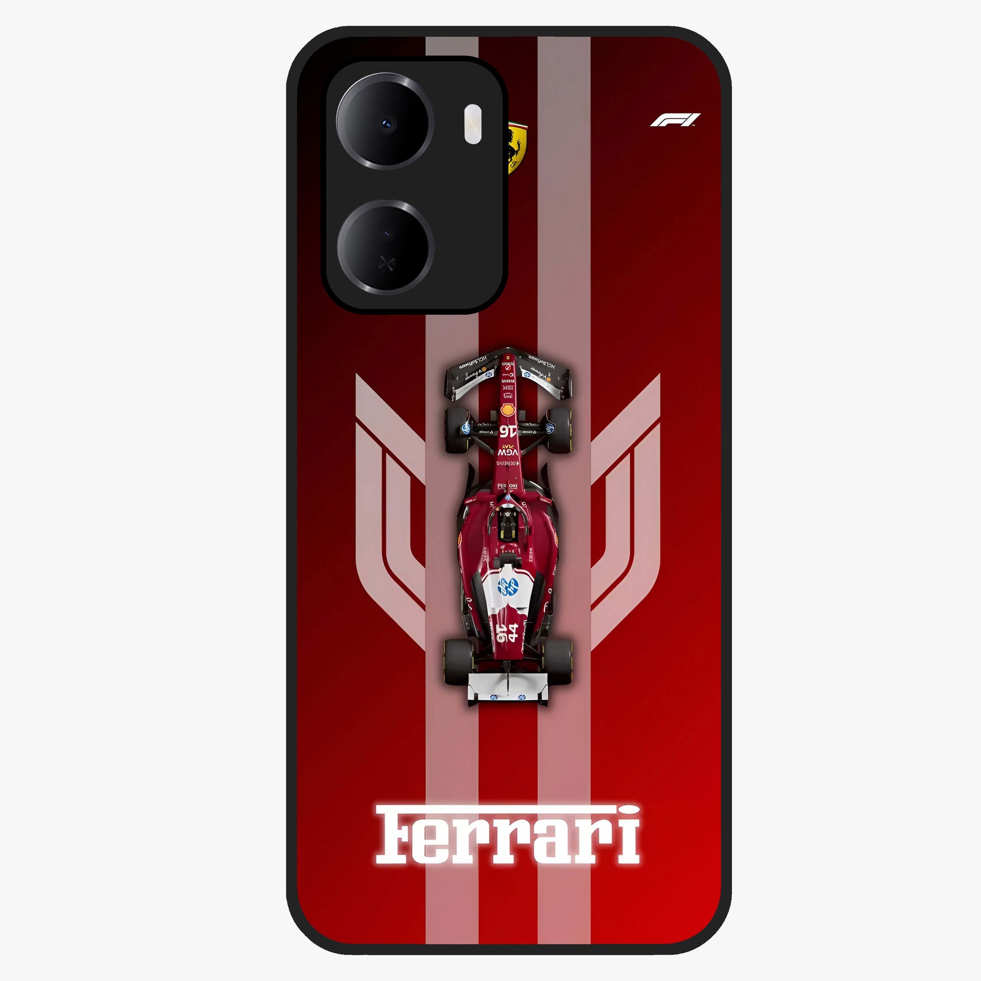 Red Ferrari F1 Vertical Glass Case showing flat back view with sleek Formula racing car artwork and glossy glass finish.