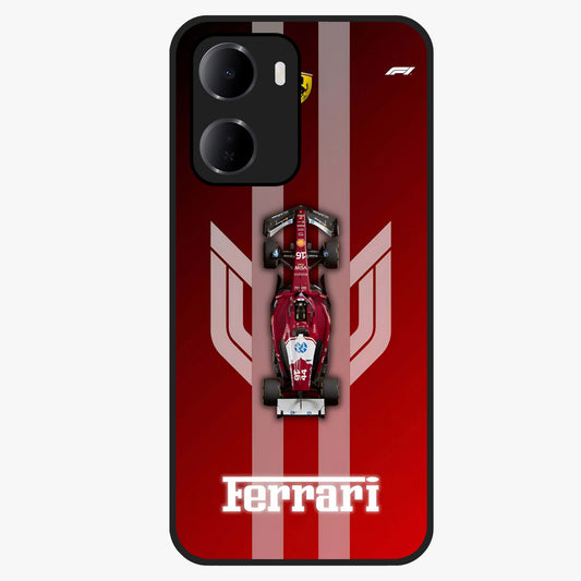 Red Ferrari F1 Vertical Glass Case showing flat back view with sleek Formula racing car artwork and glossy glass finish.