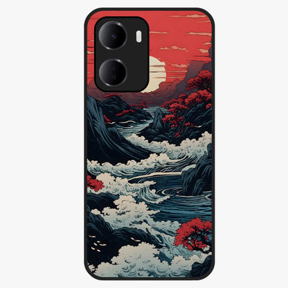 Red Sunset Scenery Glass Case showing flat back view with vibrant sunset landscape artwork and glossy glass finish.