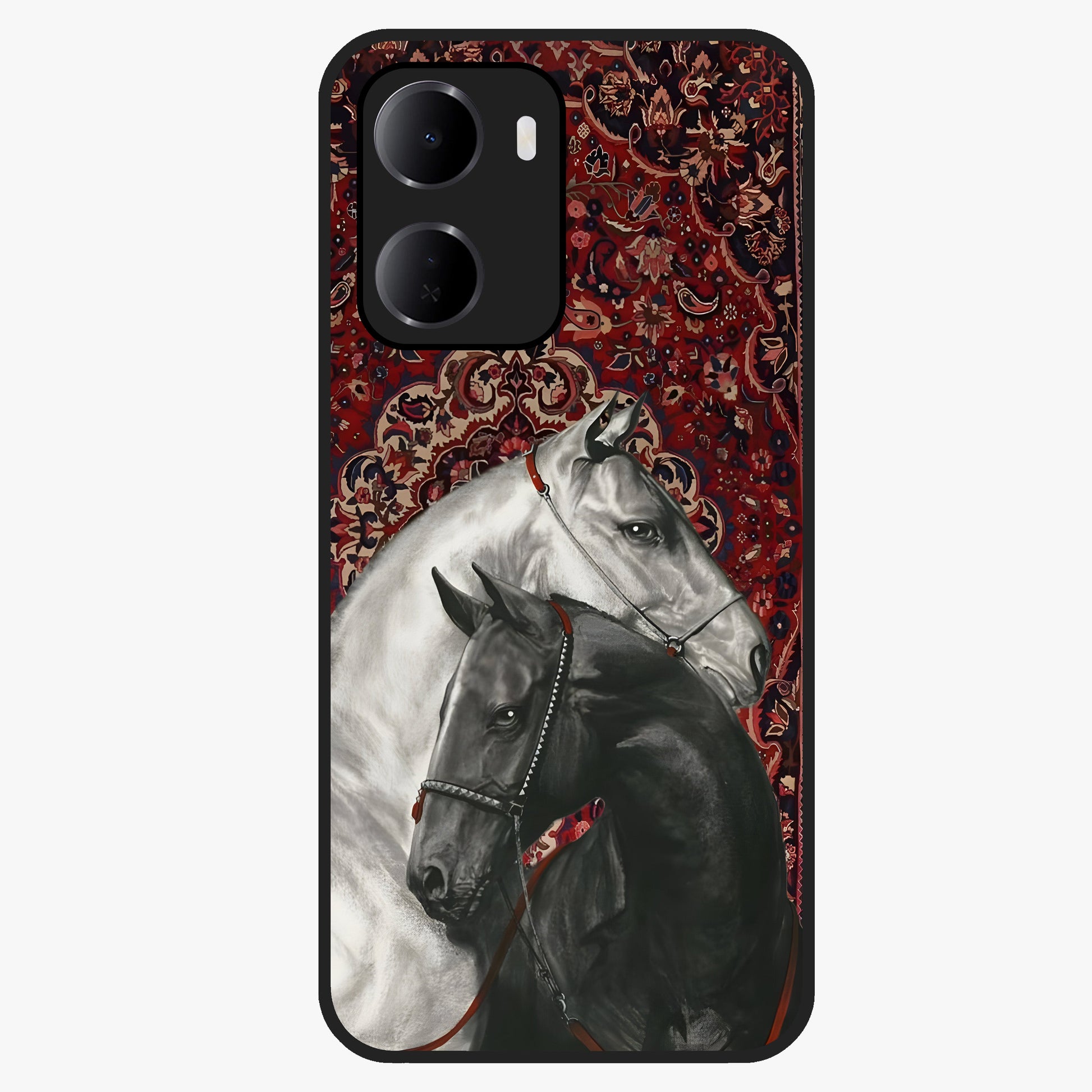 Regal Stallion Tapestry Glass Case showing flat back view with majestic horse tapestry artwork and glossy glass finish.