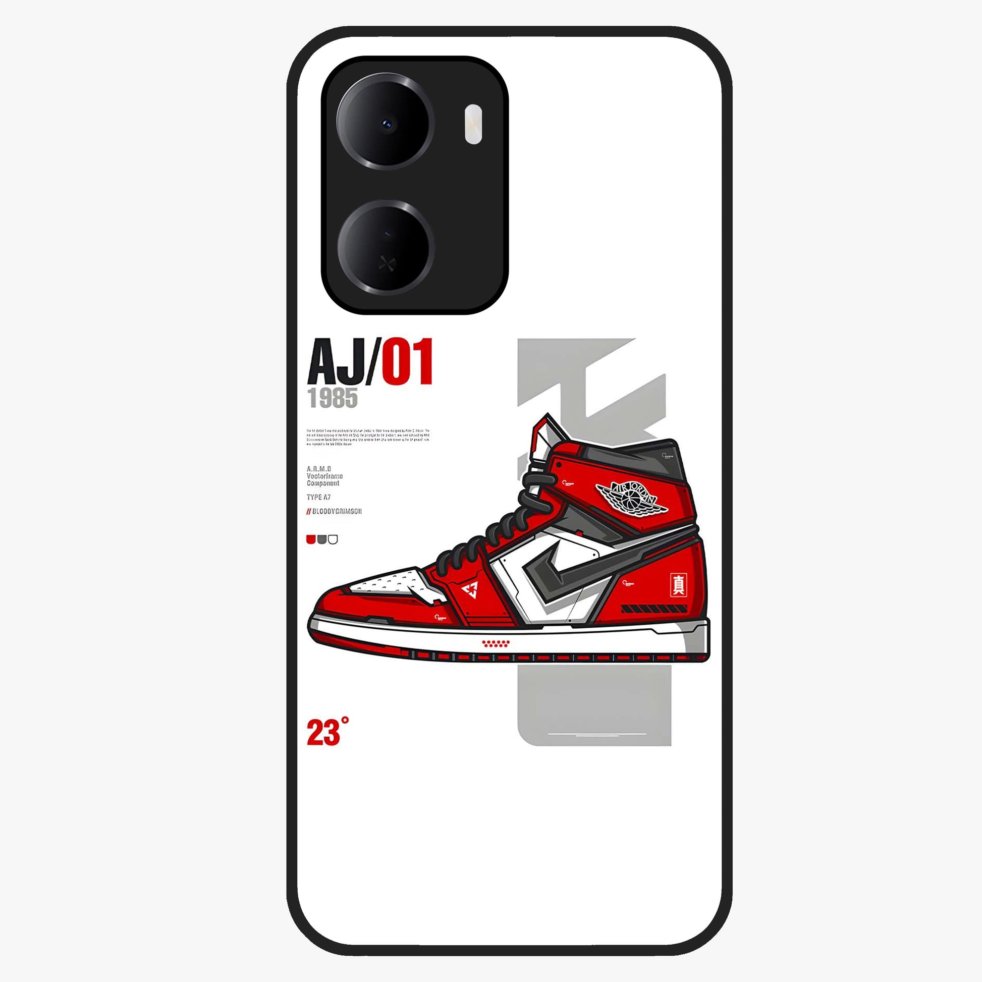 Retro Sneaker Blueprint Glass Case showing flat back view with sneaker blueprint style artwork and glossy glass finish.
