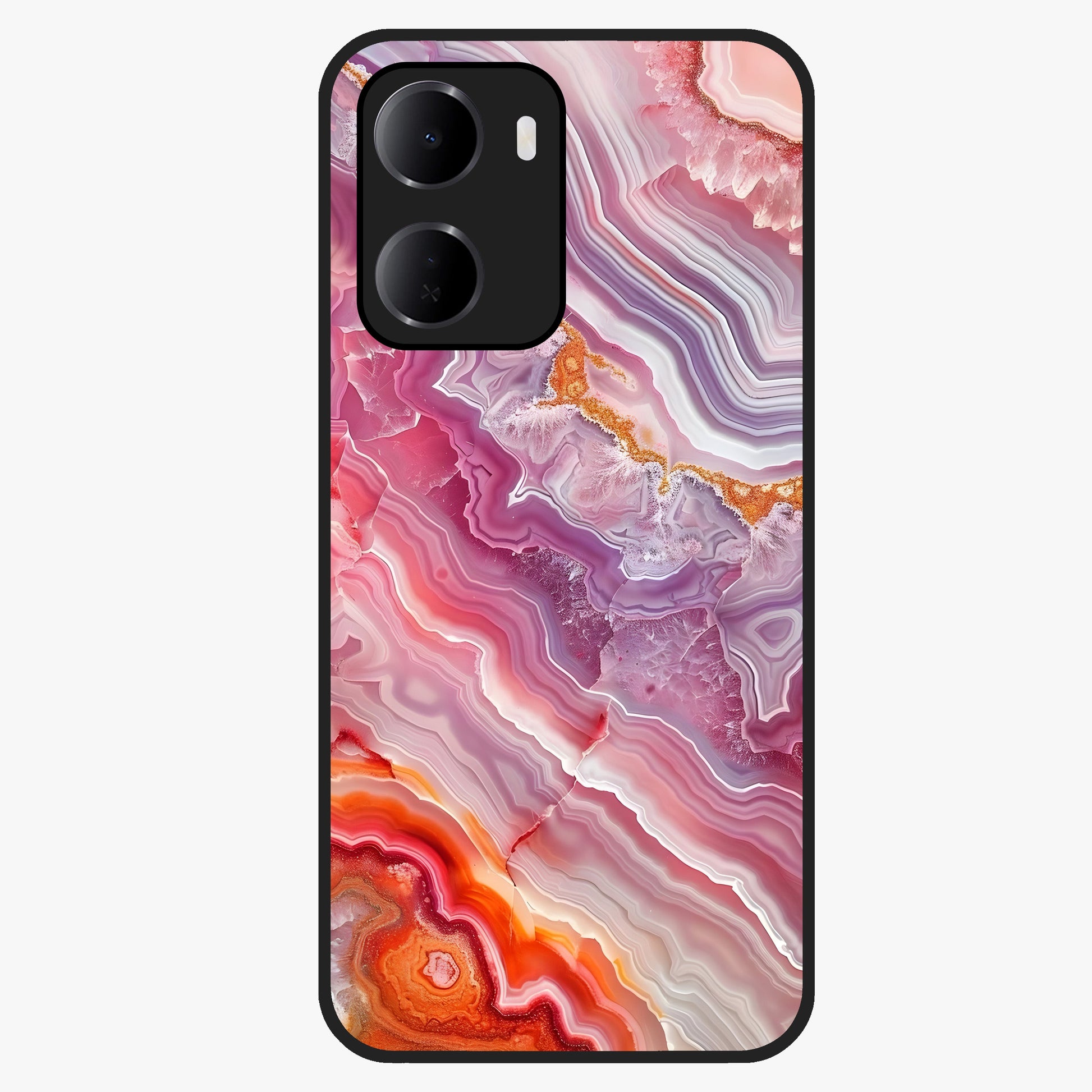 Rose Quartz Marble Glass Case showing flat back view with pink marble quartz texture artwork and glossy glass finish.