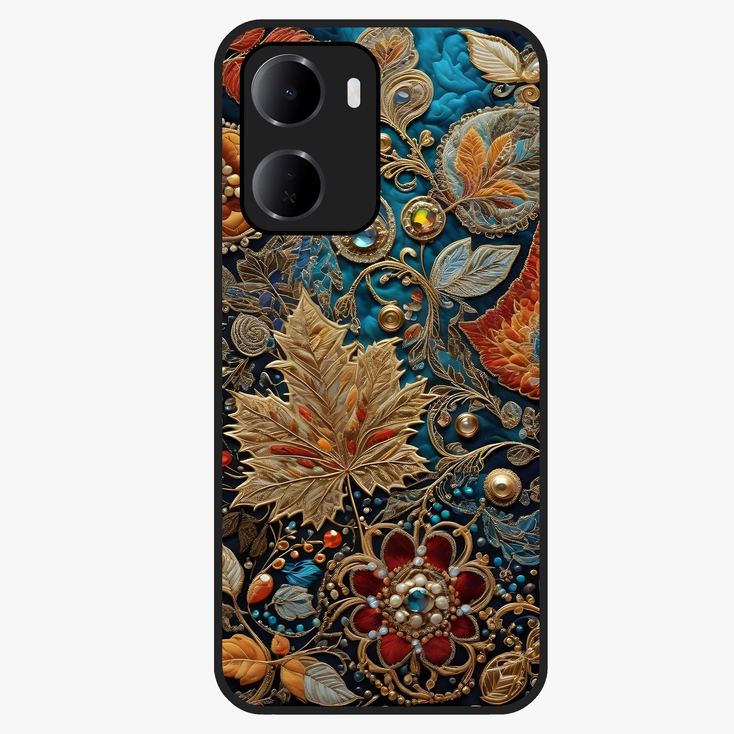 Royal Jewel Garden Glass Case showing flat back view with decorative floral garden artwork and glossy glass finish.