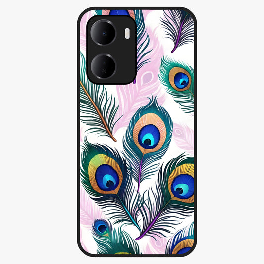 Royal Peacock Feathers Glass Case showing flat back view with colorful peacock feather artwork and glossy glass finish.