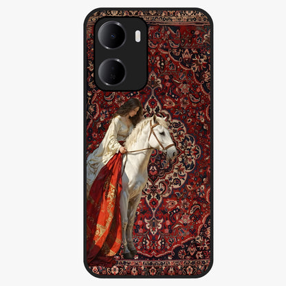 Royal Rider Tapestry Glass Case showing flat back view with majestic horse rider tapestry artwork and glossy glass finish.