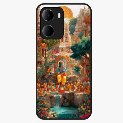 Sacred Sunlight Gods Glass Case showing flat back view with divine sunlight themed artwork and glossy glass finish.