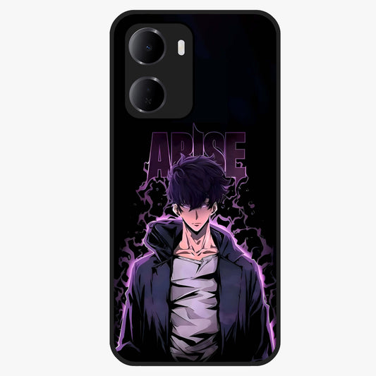 Shadow Monarch Awakening Glass Case showing flat back view with powerful dark monarch themed artwork and glossy glass finish.