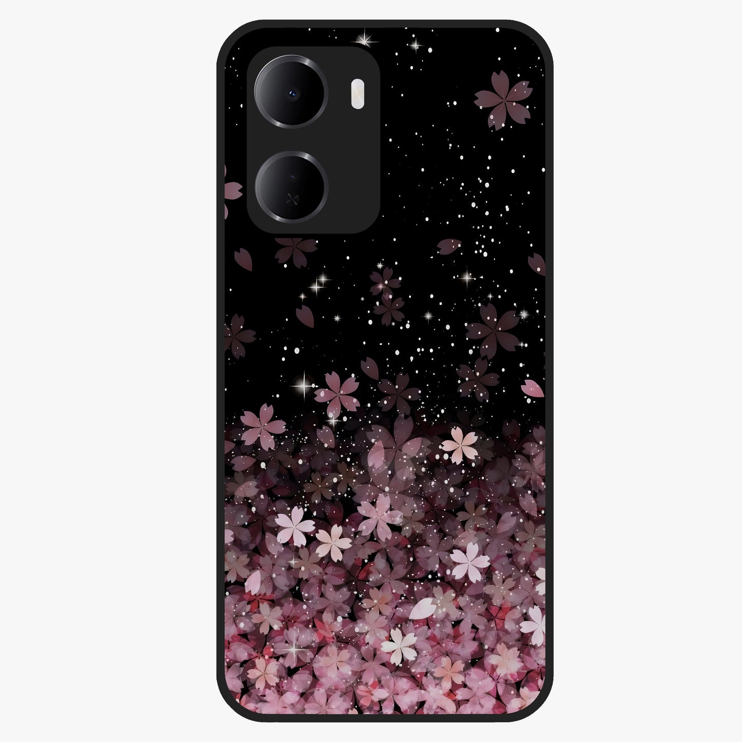 Small Starry Flowers Glass Case showing flat back view with delicate starry floral artwork and glossy glass finish.